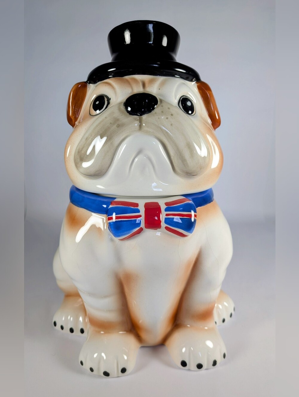 World Market Ceramic Bulldog Dog Treat Jar with Union Jack Bow and Black Top Hat